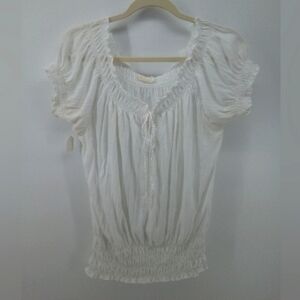 Derek Heart Boho White Peasant Smocking Elastic White Top XS / S